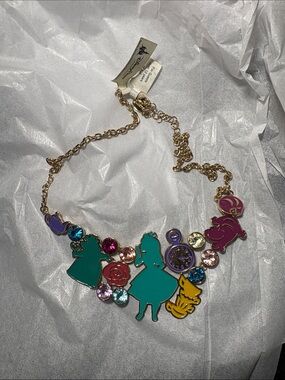 Disney Parks Women’s Teal Alice Silhouette Necklace with Colorful Charms!✨